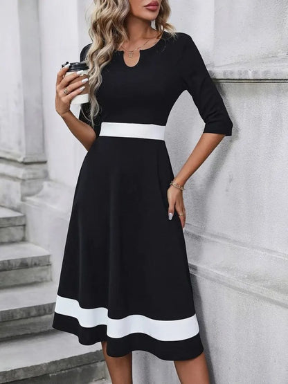 JANE'S Damen Kurzarm Offener Kragen Blockfarbe Crepe Midi Kleid
