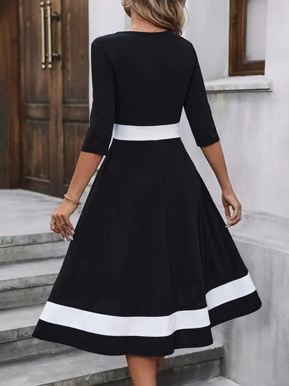JANE'S Damen Kurzarm Offener Kragen Blockfarbe Crepe Midi Kleid