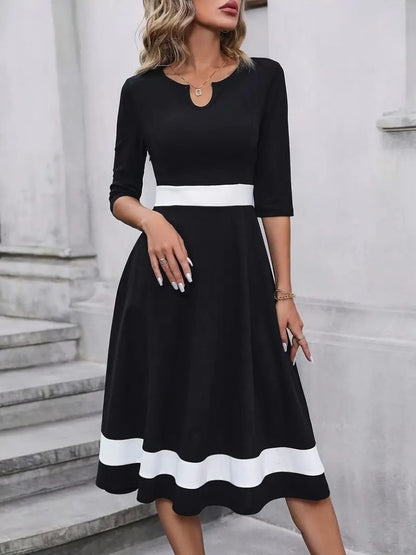 JANE'S Damen Kurzarm Offener Kragen Blockfarbe Crepe Midi Kleid