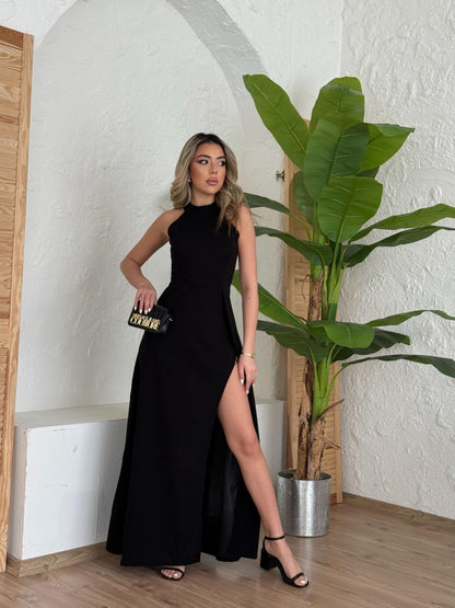 Damen Tiefer V-Ausschnitt Maxikleid mit importiertem Krepp und Schlitz-Detail