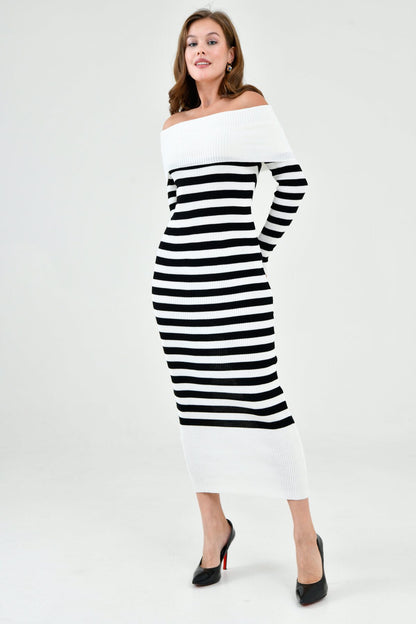 Madonna Neck Langarm-Strickkleid mit Streifen, Midi-Länge