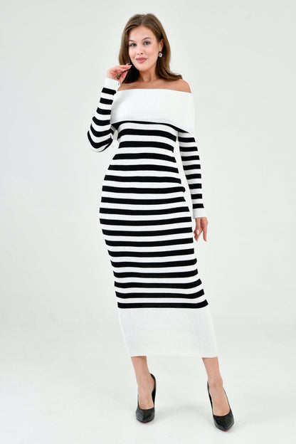 Madonna Neck Langarm-Strickkleid mit Streifen, Midi-Länge