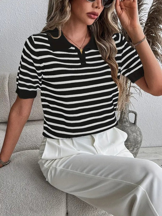 JANE'S Damen Kurzarm Polo Kragen Streifen Muster Strickbluse