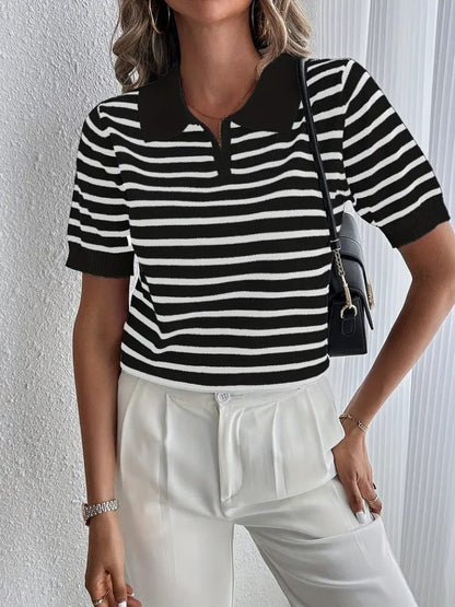 JANE'S Damen Kurzarm Polo Kragen Streifen Muster Strickbluse