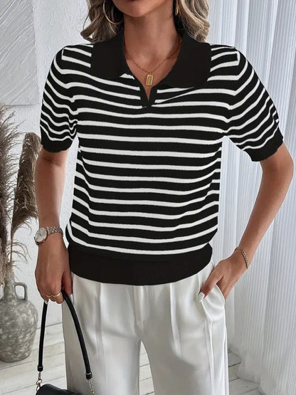 JANE'S Damen Kurzarm Polo Kragen Streifen Muster Strickbluse