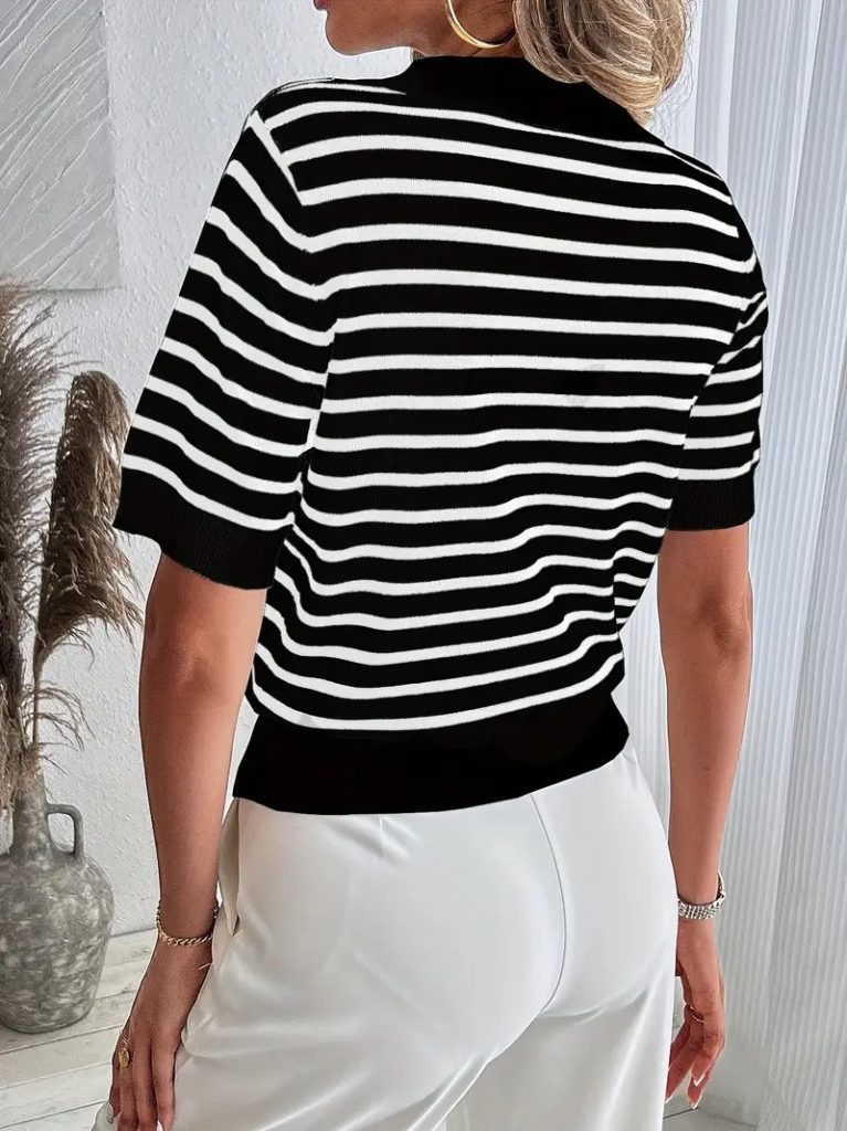 JANE'S Damen Kurzarm Polo Kragen Streifen Muster Strickbluse