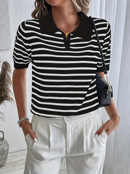 JANE'S Damen Kurzarm Polo Kragen Streifen Muster Strickbluse