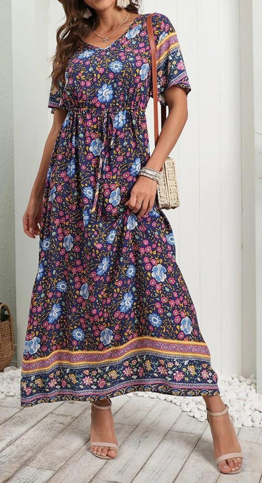 Damen Kurzarm Elastische Taille Blumenmuster Maxikleid