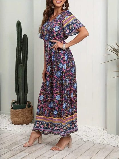 Damen Kurzarm Elastische Taille Blumenmuster Maxikleid
