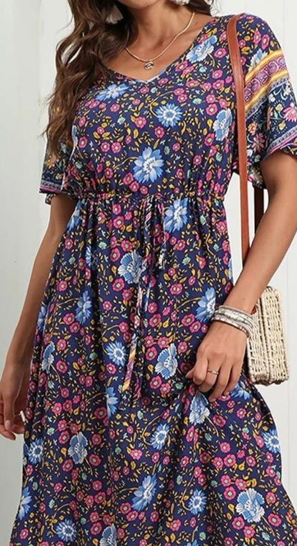Damen Kurzarm Elastische Taille Blumenmuster Maxikleid