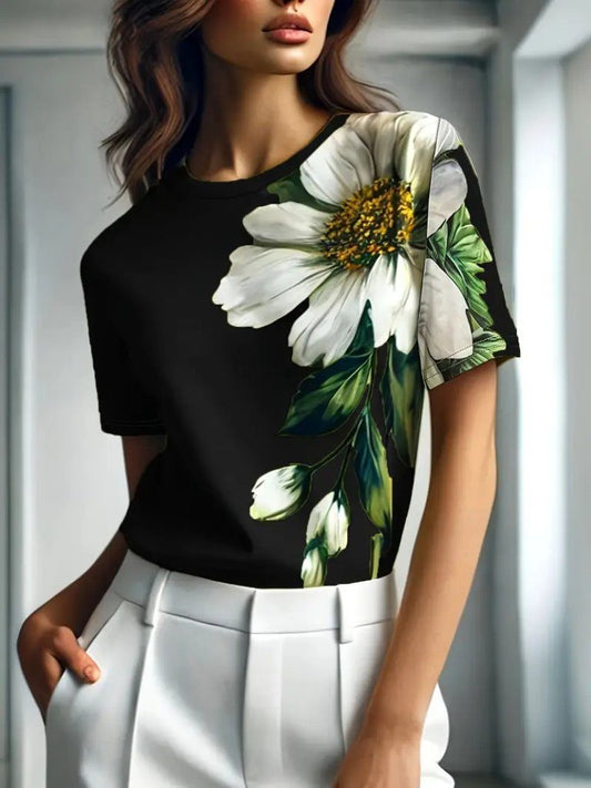 Damen Kurzarm Rundhals Blumenmuster Jersey Bluse