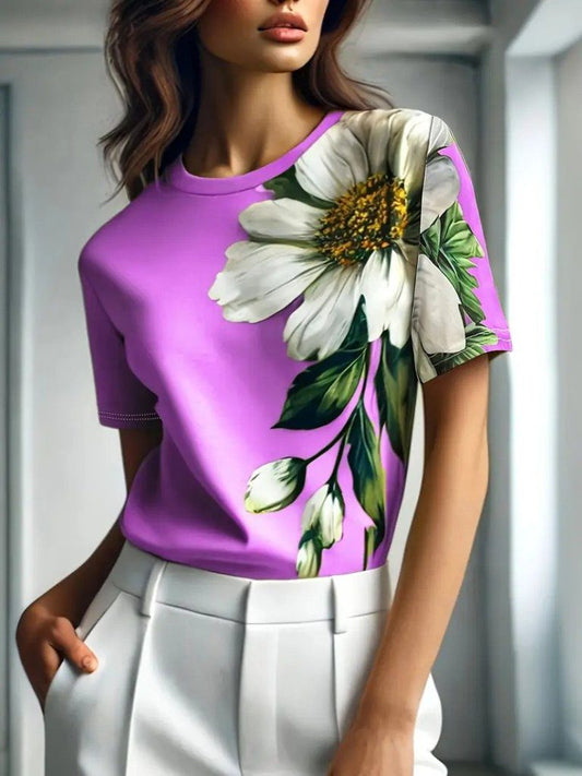 Damen Kurzarm Rundhals Blumenmuster Jersey Bluse