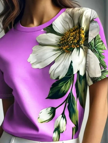 Damen Kurzarm Rundhals Blumenmuster Jersey Bluse