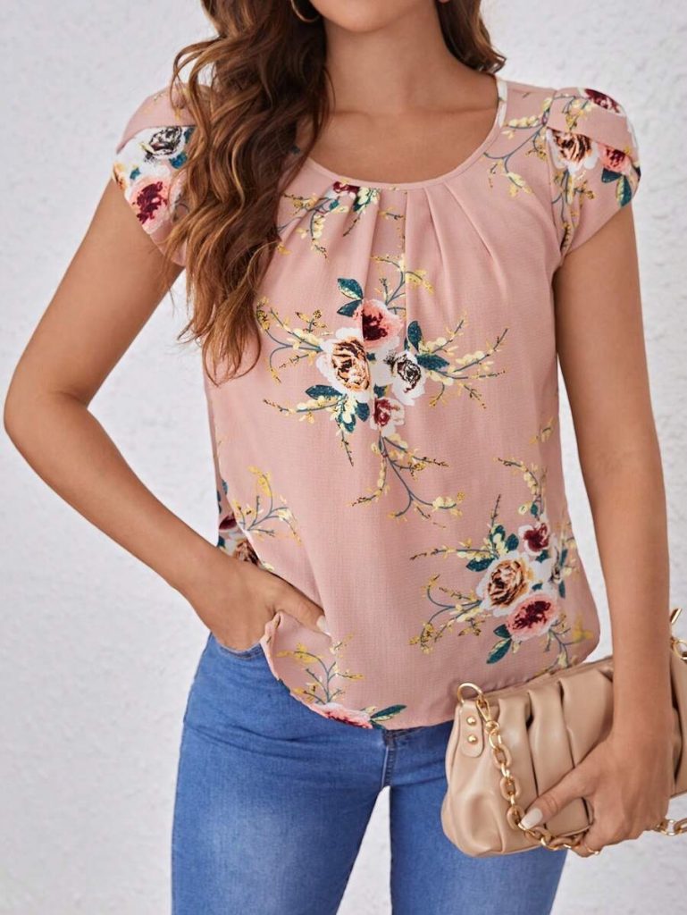 JANE'S Damen Kurzarm Rundhals Blumenmuster Jersey Bluse