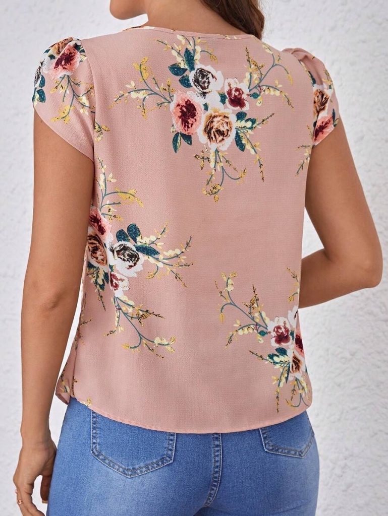 JANE'S Damen Kurzarm Rundhals Blumenmuster Jersey Bluse
