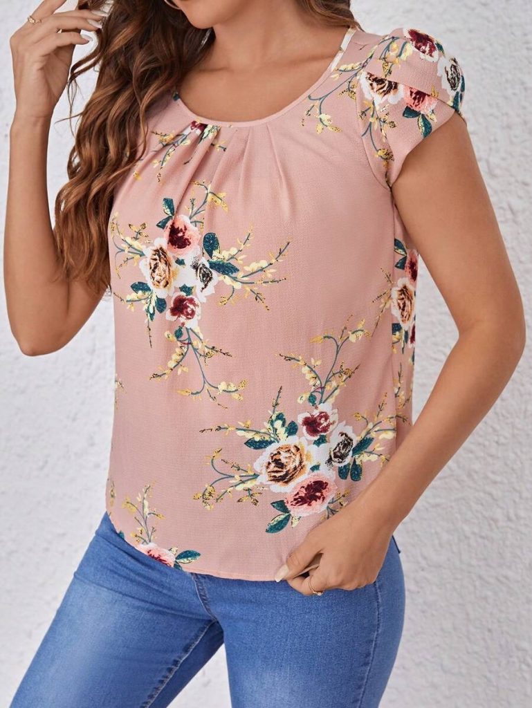 JANE'S Damen Kurzarm Rundhals Blumenmuster Jersey Bluse