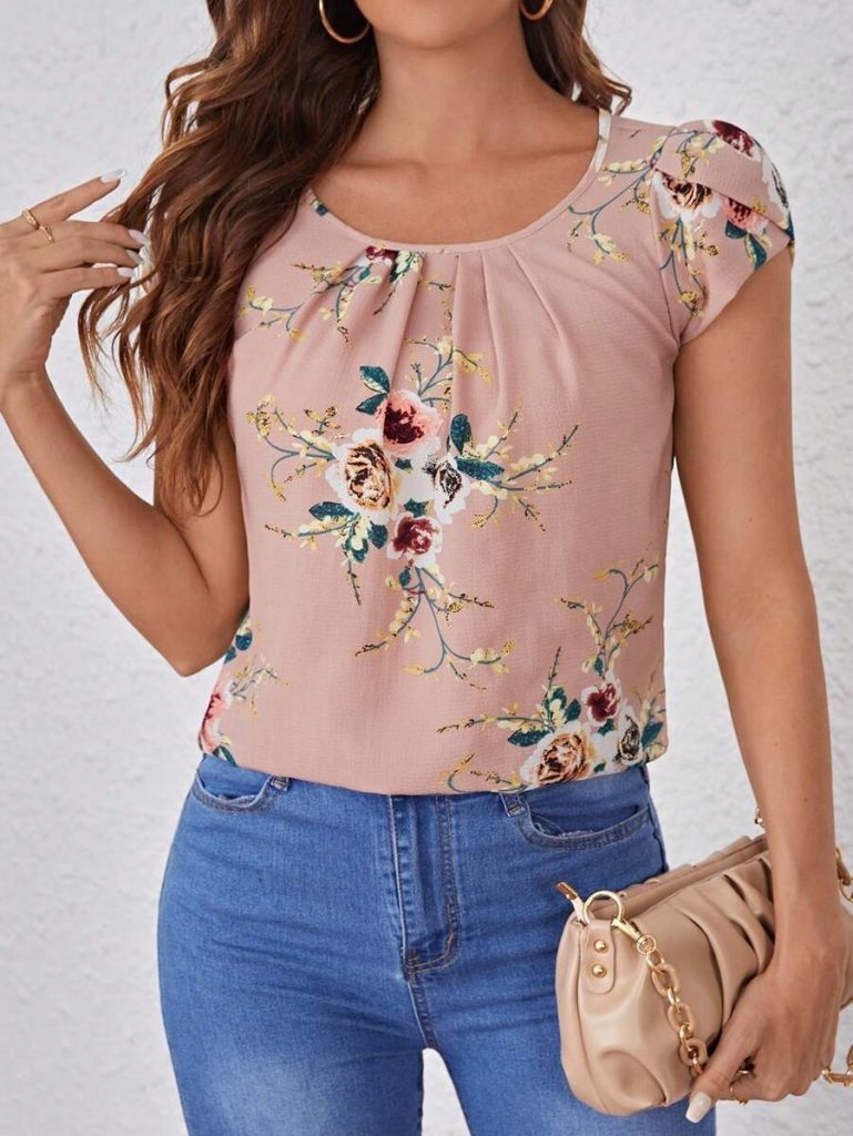 JANE'S Damen Kurzarm Rundhals Blumenmuster Jersey Bluse