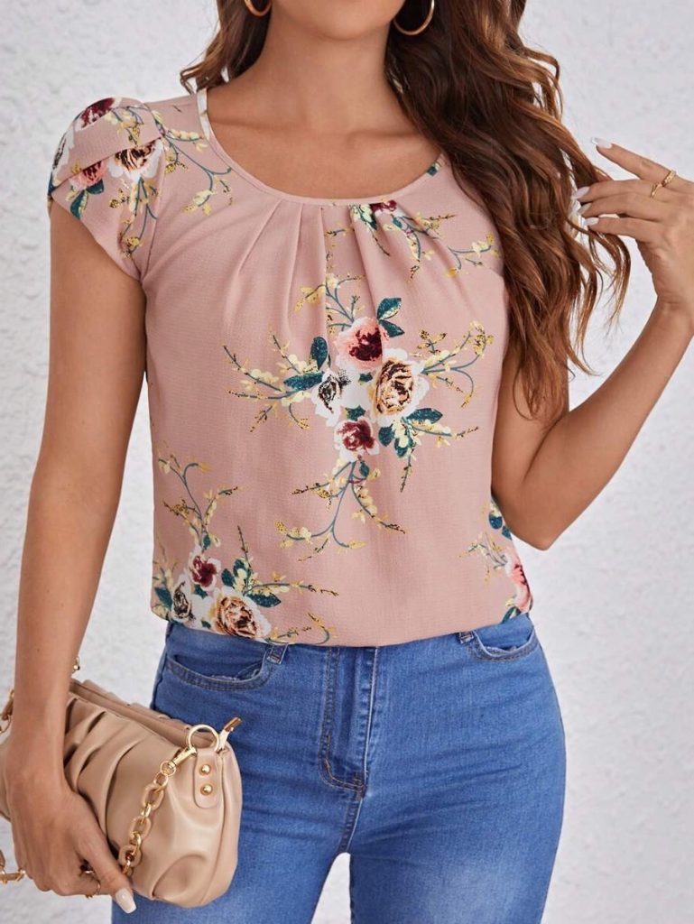 JANE'S Damen Kurzarm Rundhals Blumenmuster Jersey Bluse