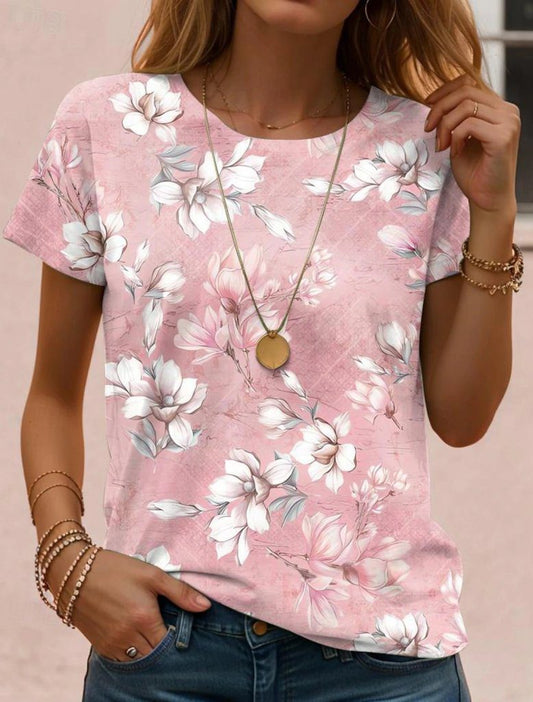 JANE'S Damen Kurzarm Rundhals Bluse aus Viskose mit floralem Muster