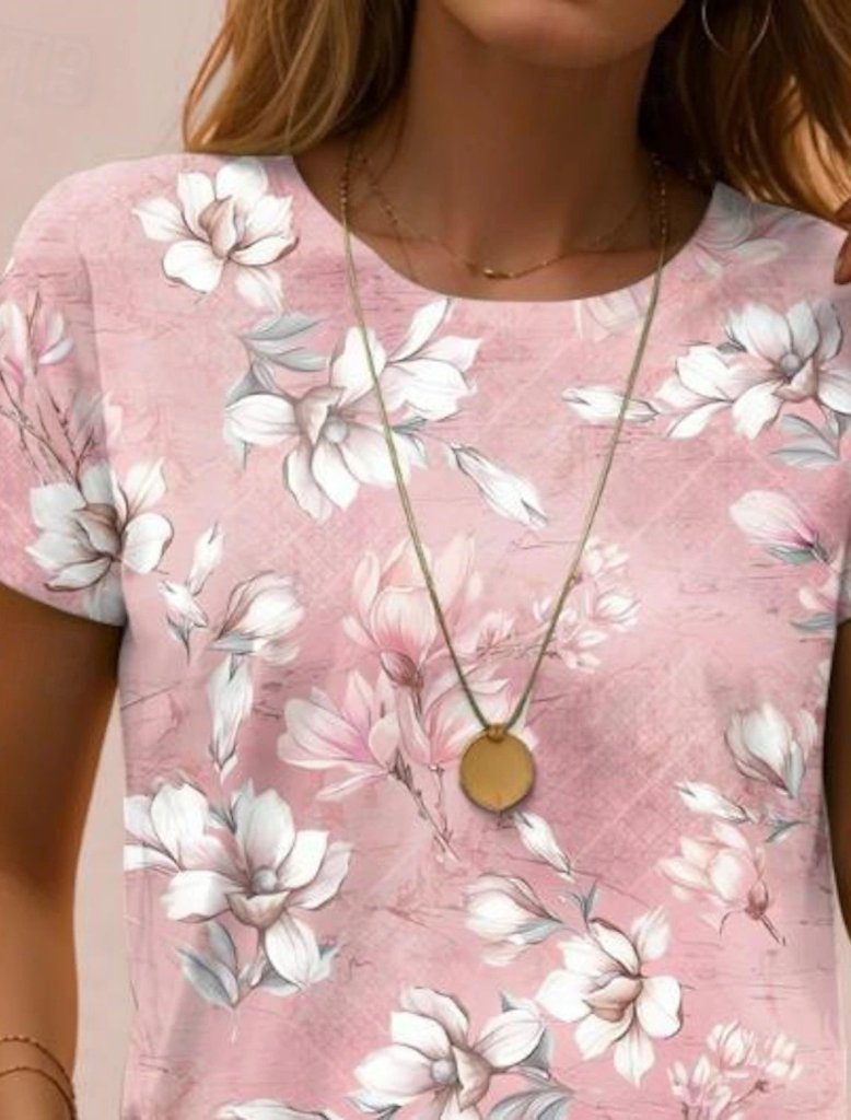 JANE'S Damen Kurzarm Rundhals Bluse aus Viskose mit floralem Muster