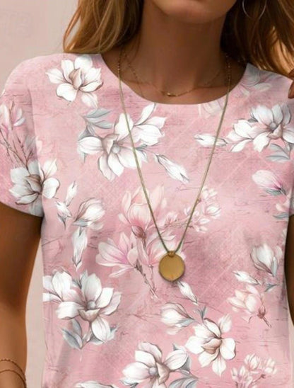 JANE'S Damen Kurzarm Rundhals Bluse aus Viskose mit floralem Muster