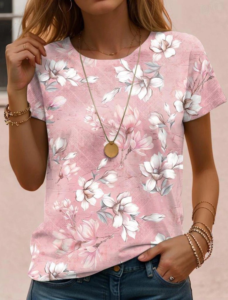 JANE'S Damen Kurzarm Rundhals Bluse aus Viskose mit floralem Muster
