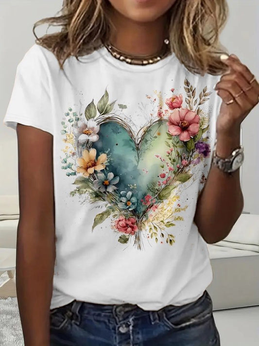 JANE'S Damen Kurzarm Rundhals Herz Muster Jersey Bluse