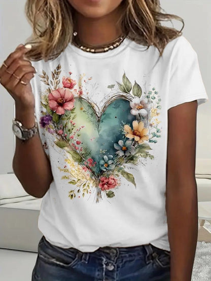 JANE'S Damen Kurzarm Rundhals Herz Muster Jersey Bluse