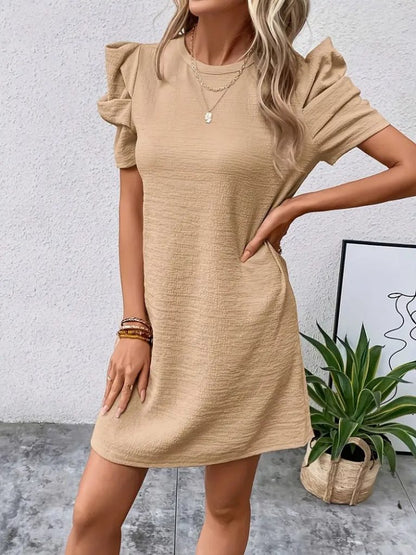 JANE'S Damen Kurzarm Rundhals Wassermelonenärmel Kreppkleid