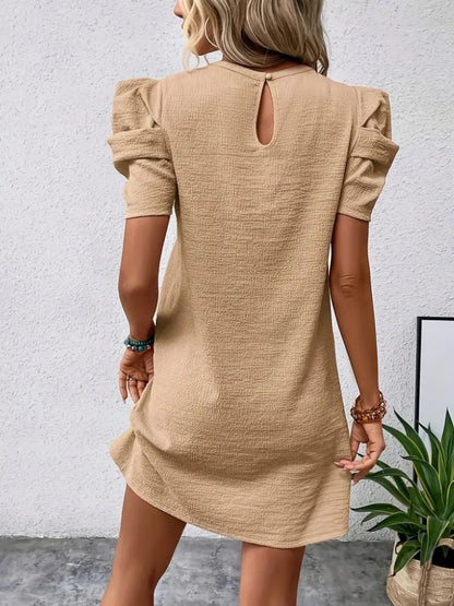 JANE'S Damen Kurzarm Rundhals Wassermelonenärmel Kreppkleid