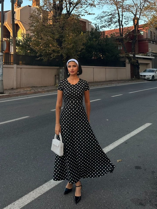 JANE'S Damen Kurzarm Rundhals Polka Dot Maxi Strick-Krepp-Kleid