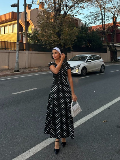 JANE'S Damen Kurzarm Rundhals Polka Dot Maxi Strick-Krepp-Kleid