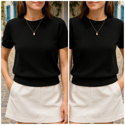 JANE'S Damen Kurzarm Rundhals Strickbluse