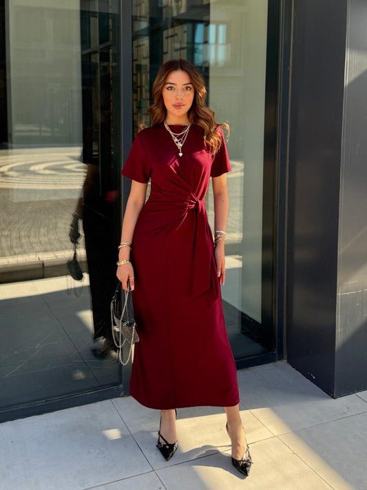 Damen Kurzarm Viskose Kleid mit Fahrrad-Ausschnitt und Seitentie - 2-lagig