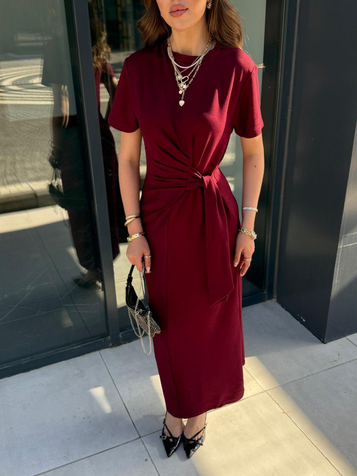 Damen Kurzarm Viskose Kleid mit Fahrrad-Ausschnitt und Seitentie - 2-lagig
