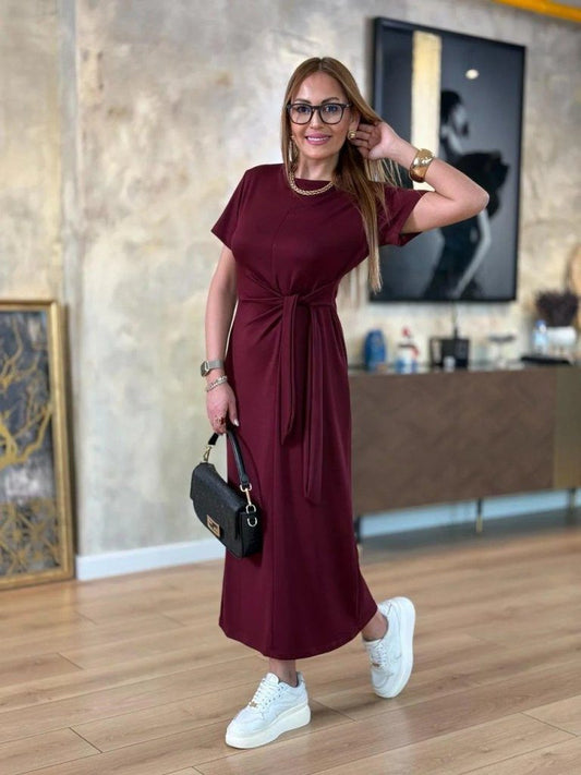 Damen Kurzarm Viskosekleid mit Fahrrad-Ausschnitt und Seitentie - 2-lagig