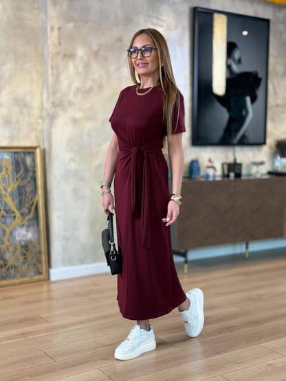 Damen Kurzarm Viskosekleid mit Fahrrad-Ausschnitt und Seitentie - 2-lagig