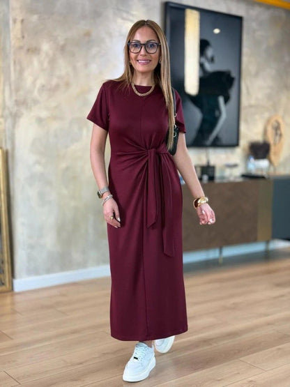 Damen Kurzarm Viskosekleid mit Fahrrad-Ausschnitt und Seitentie - 2-lagig