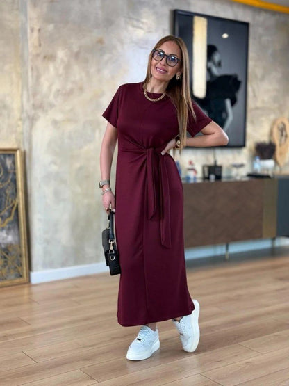 Damen Kurzarm Viskosekleid mit Fahrrad-Ausschnitt und Seitentie - 2-lagig