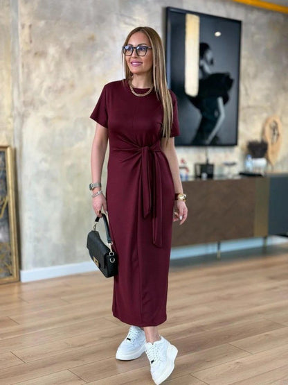 Damen Kurzarm Viskosekleid mit Fahrrad-Ausschnitt und Seitentie - 2-lagig