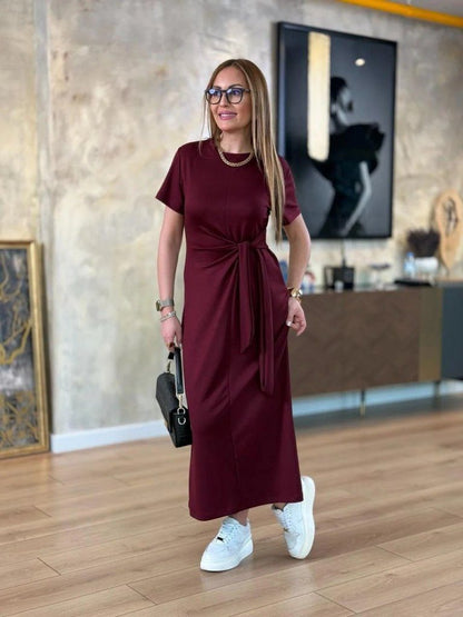 Damen Kurzarm Viskosekleid mit Fahrrad-Ausschnitt und Seitentie - 2-lagig