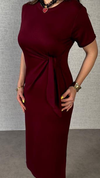 Damen Kurzarm Viskosekleid mit Fahrrad-Ausschnitt und Seitentie - 2-lagig
