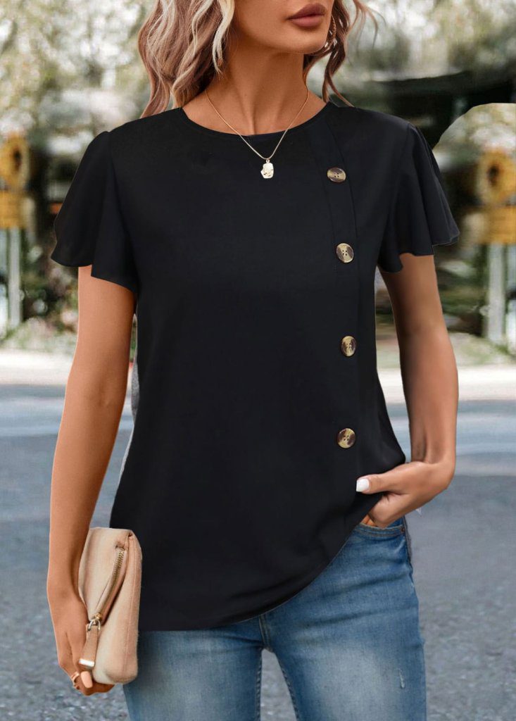 JANE'S Damen Kurzarm Rundhals Seitentaste Viskose Bluse
