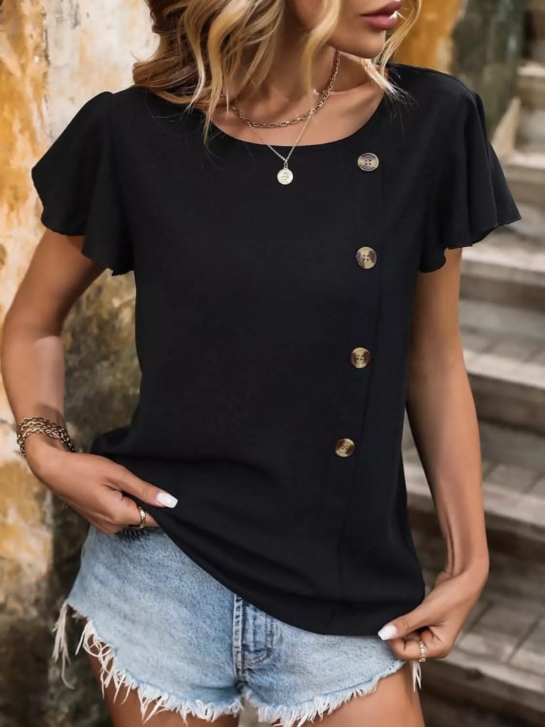 JANE'S Damen Kurzarm Rundhals Seitentaste Viskose Bluse