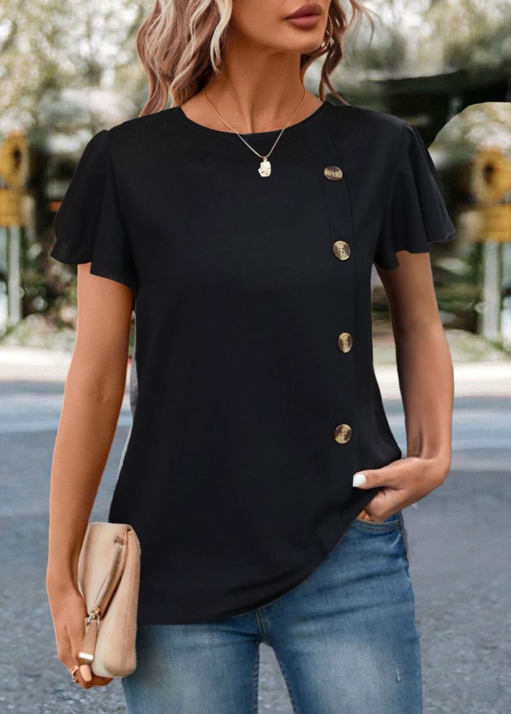 JANE'S Damen Kurzarm Rundhals Seitentaste Viskose Bluse