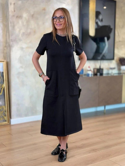 Damen Kurzarm Fahrradkragen Tasche Viskose Doppelgewinde Midi Kleid