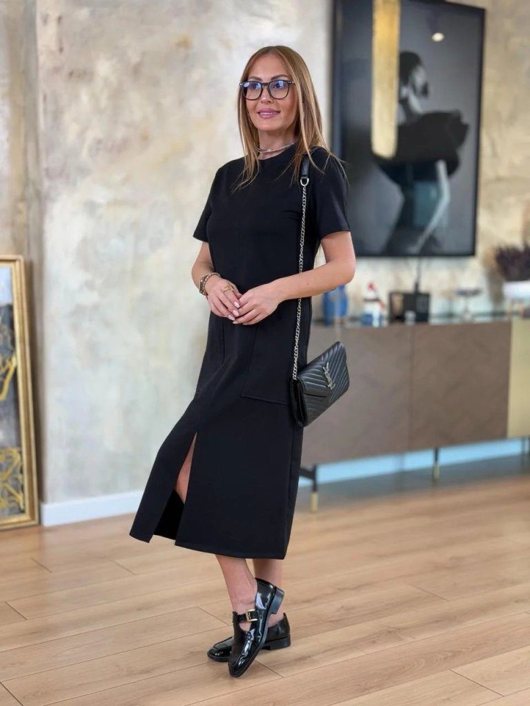 Damen Kurzarm Fahrradkragen Tasche Viskose Doppelgewinde Midi Kleid