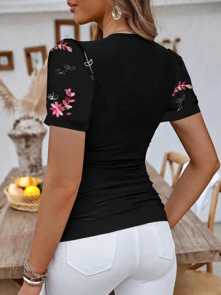 JANE'S Damen Bluse mit floralem Stickmuster, Viskose, V-Ausschnitt