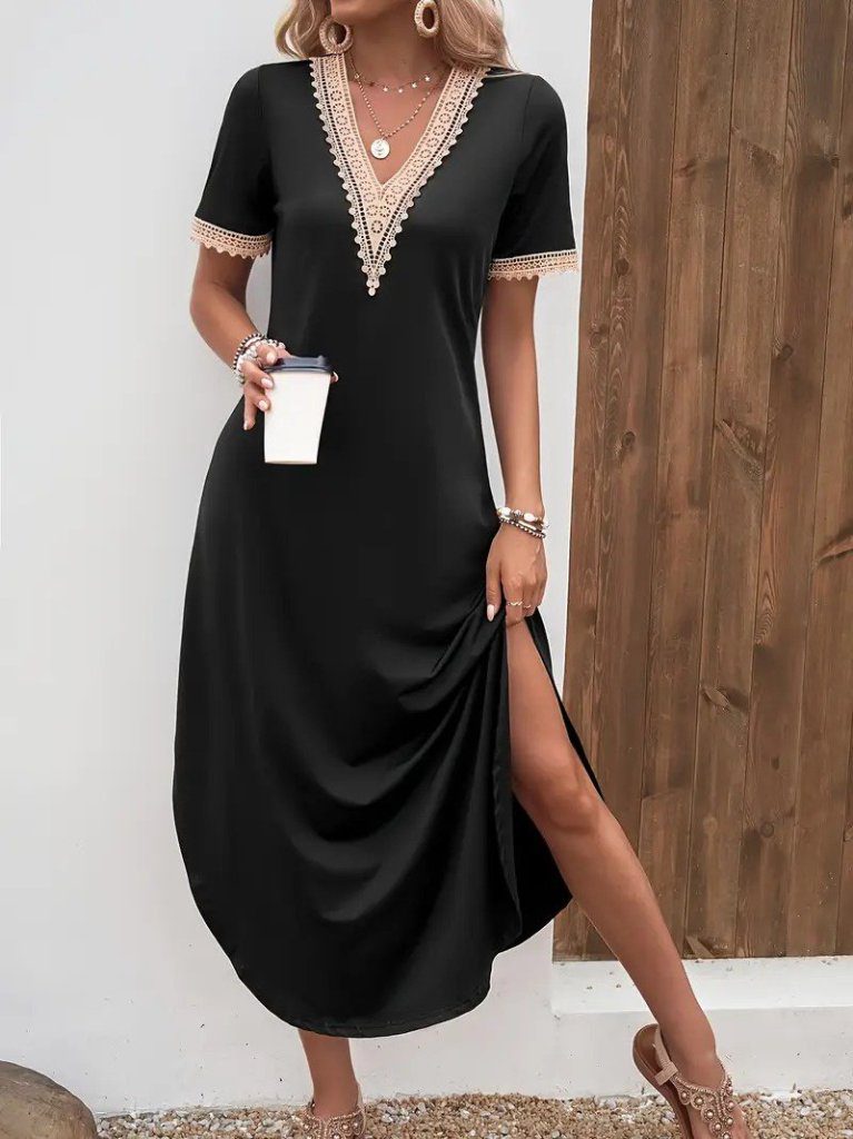 JANE'S Damen Kurzarm Spitze V-Ausschnitt Langes Viskose Kleid