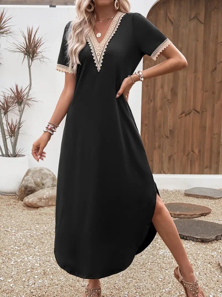 JANE'S Damen Kurzarm Spitze V-Ausschnitt Langes Viskose Kleid